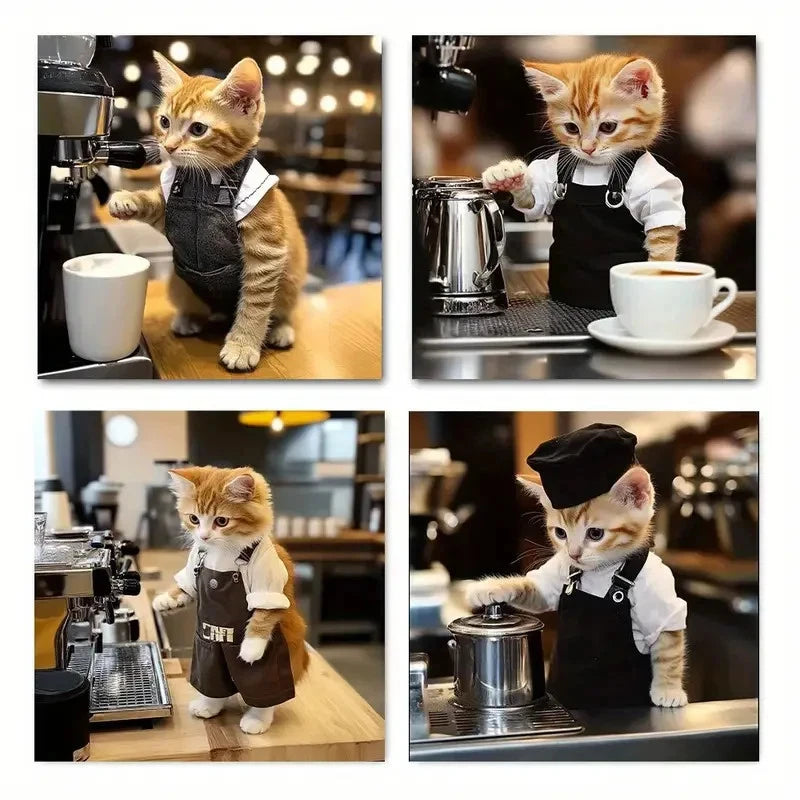 4pcs Charming Cat Barista Coffee Wall Art Canvas Framed