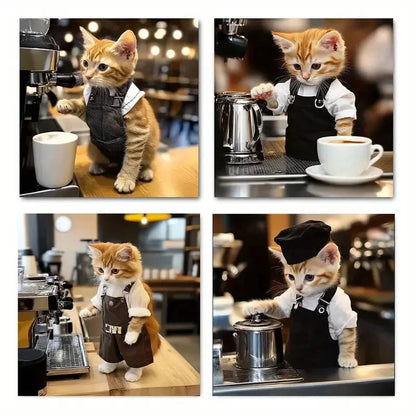 4pcs Charming Cat Barista Coffee Wall Art Canvas Framed