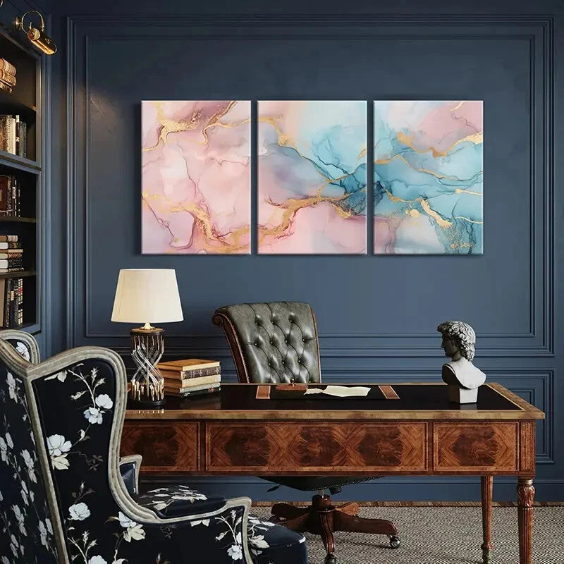 3pcs Marble Texture Abstract Art Golden Accents Metal Print Ready to Hang Art - Bella Home Decor