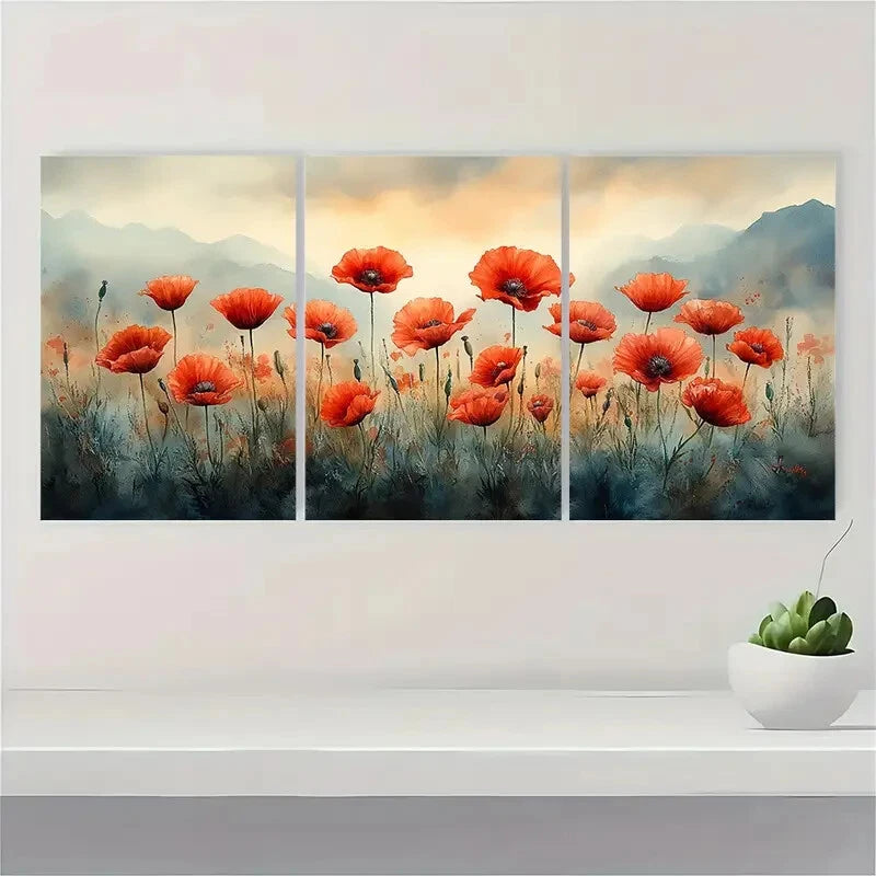 3pcs Red Poppy Meadow Watercolor Art Prints Metal Print Ready to Hang Art - Bella Home Decor
