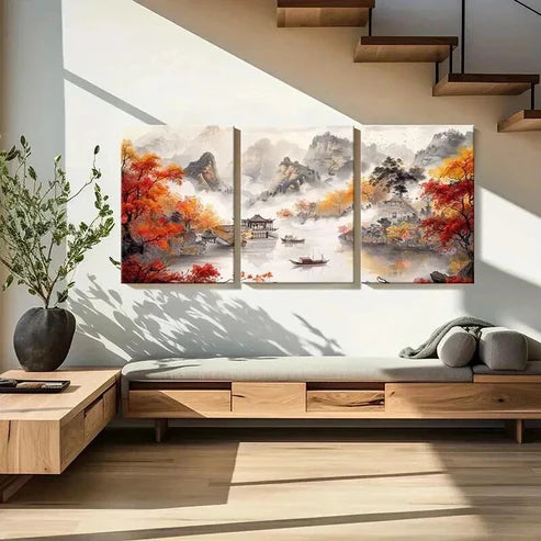 3pcs Chinese Autumn Mountain & River Scene Wall Art Set Canvas Unframed - High Quality Print 100% Australian Made Wall Canvas - Bella Home Decor