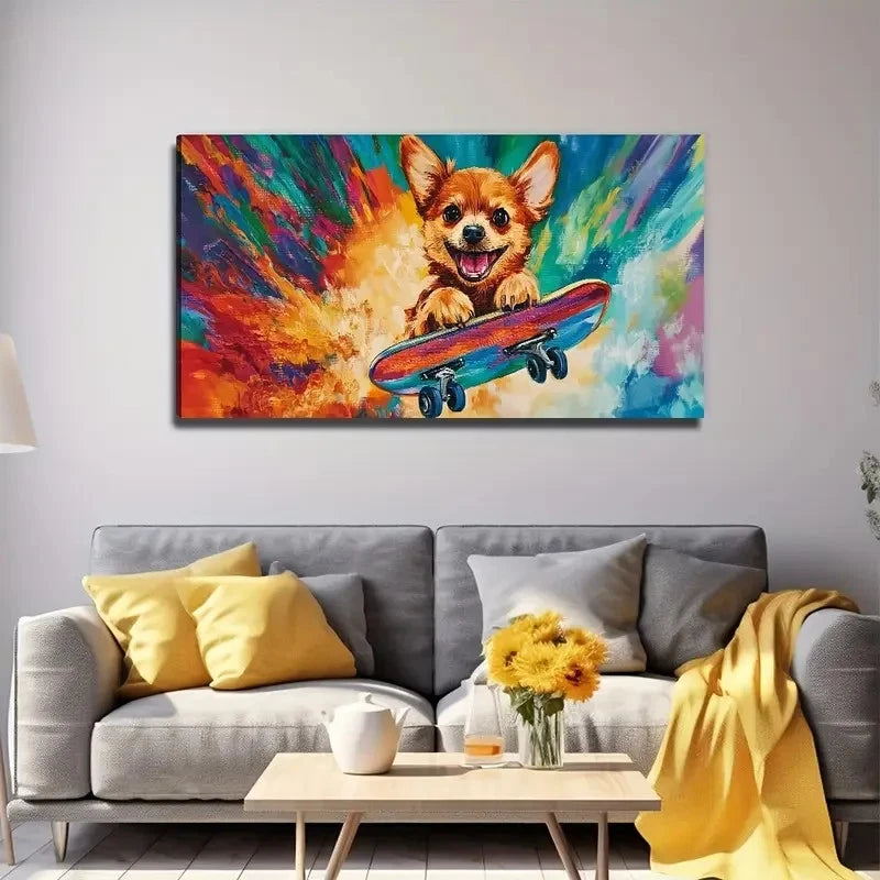 Dog Skateboard Decor Wall Art Canvas Office Home Room Framed 120x60cm