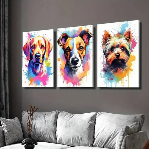 3pcs Vibrant Dog Portrait Adorable Puppies Wall Art Set Canvas Unframed - High Quality Print 100% Australian Made Wall Canvas