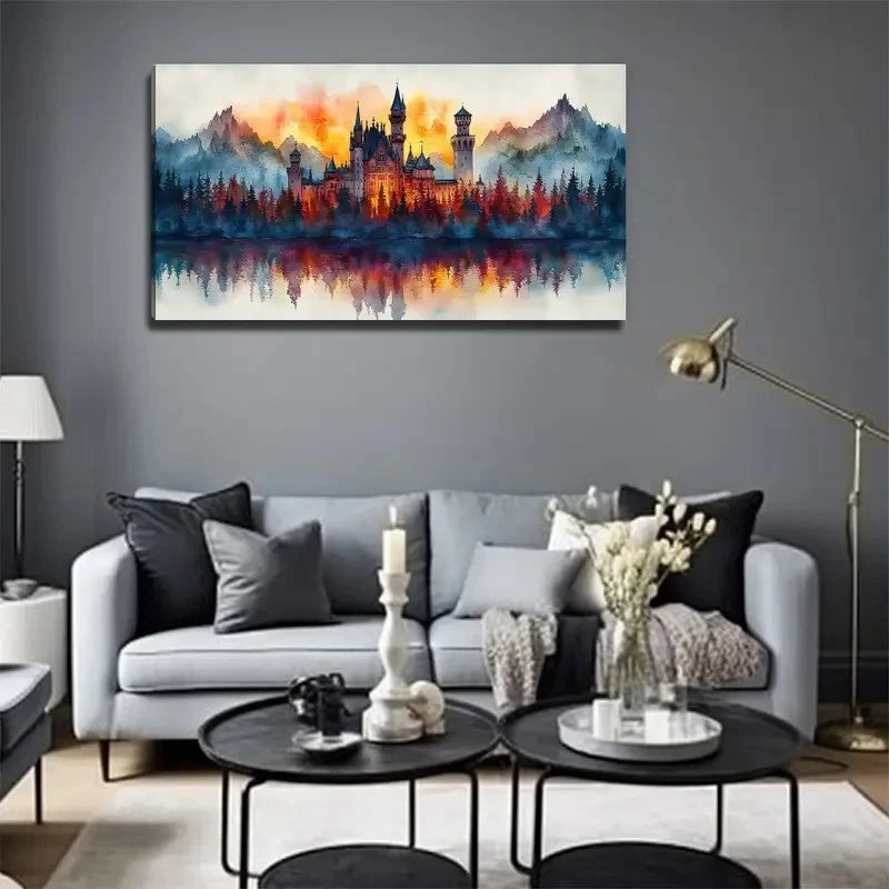 Sunset Glow Pine Tree Castle Wall Art Canvas Office Home Room Framed 120x60cm