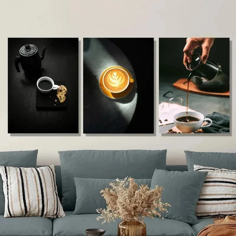 3pcs Black Coffee & Cake Espresso Perfect Wall Art Set Canvas Framed 50x70cm - High Quality Print 100% Australian Made Wall Canvas Ready to Hang - Bella Home Decor