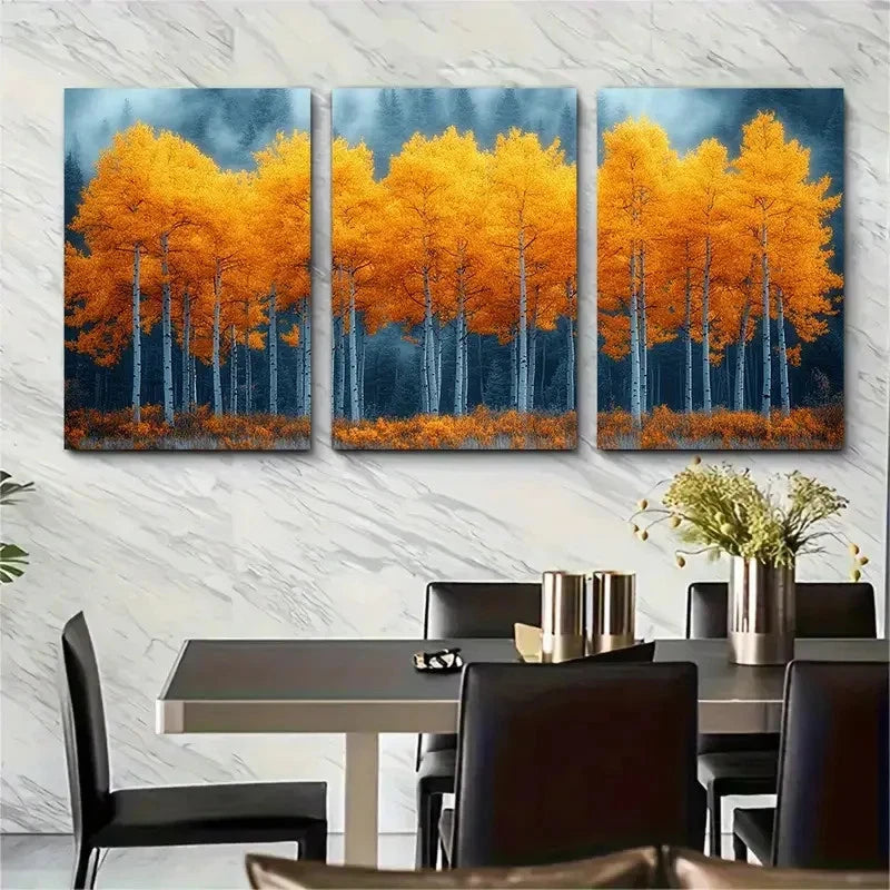 3pcs Vibrant Aspen Tree Golden Yellow Leaves  Wall Art Set Canvas Framed 60x90cm - High Quality Print 100% Australian Made Wall Canvas Ready to Hang