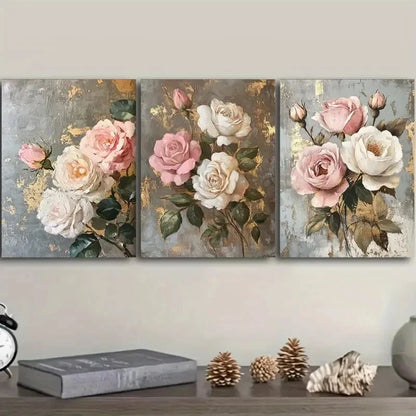 3pcs Pink and White Roses Contemporary Style Metal Print Ready to Hang Art - Bella Home Decor