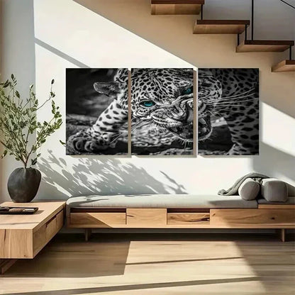 3pcs Black and White Jaguar with Green Eyes Art Set Canvas Unframed - High Quality Print 100% Australian Made Wall Canvas - Bella Home Decor