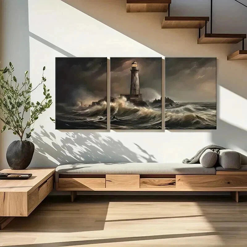 3pcs Stormy Sea Waves Lighthouse Beacon Wall Art Set Canvas Framed 60x90cm - High Quality Print 100% Australian Made Wall Canvas Ready to Hang - Bella Home Decor