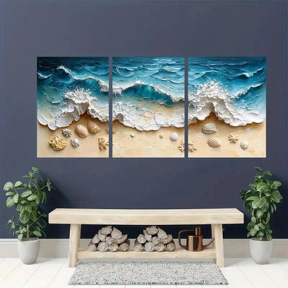 3pcs Textured Blue Wave & Sandy Shore Scene Metal Print Ready to Hang Art - Bella Home Decor