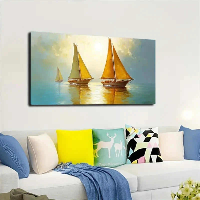 Sailboats At Sunset Wall Art canvas office home room framed 120x60cm - Bella Home Decor