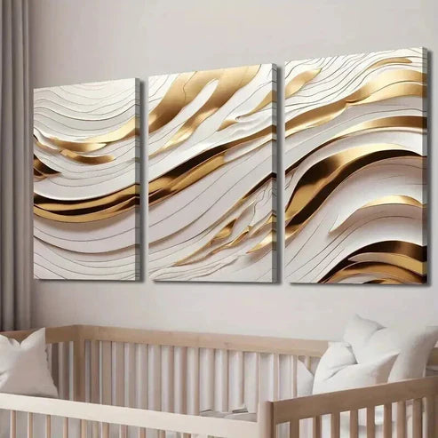 3pcs White And Golden Wave Lines Wall Art Set Canvas Unframed - High Quality Print 100% Australian Made Wall Canvas