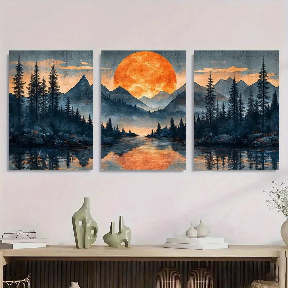 3pcs Moonlit Abstract Mountain Forest Scene Metal Print Ready to Hang Art - Bella Home Decor