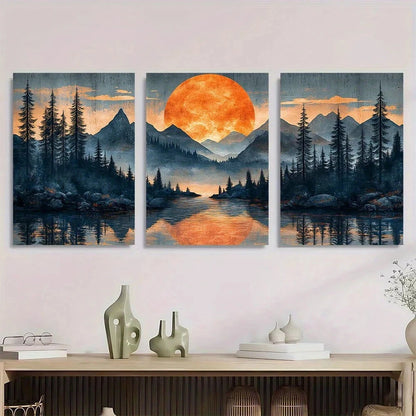 3pcs Moonlit Abstract Mountain Forest Scene Metal Print Ready to Hang Art - Bella Home Decor