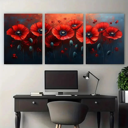 3pcs Red Poppies Floral Illustration Wall Art Set Canvas Framed 50x70cm - High Quality Print 100% Australian Made Wall Canvas Ready to Hang