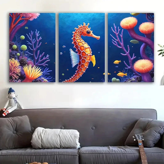 3pcs Seahorse Swimming In Underwater Coral Reef Wall Art Set Canvas Framed 40x60cm - High Quality Print 100% Australian Made Wall Canvas Ready to Hang