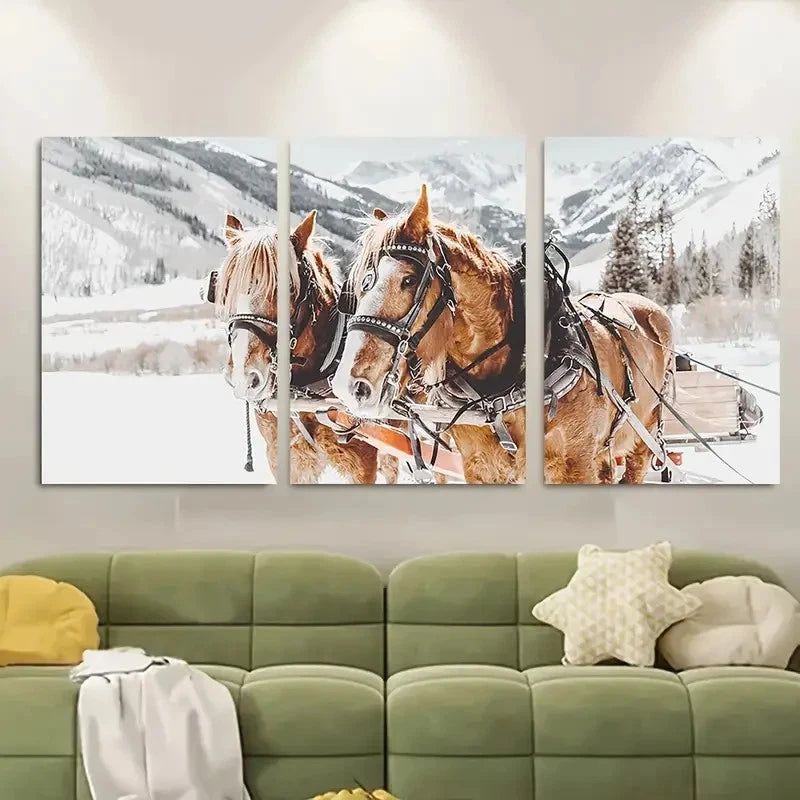 3pcs Brown Horses in Snowy Mountain Landscape Metal Print Ready to Hang Art - Bella Home Decor