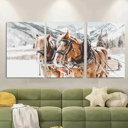 3pcs Brown Horses in Snowy Mountain Landscape Metal Print Ready to Hang Art - Bella Home Decor