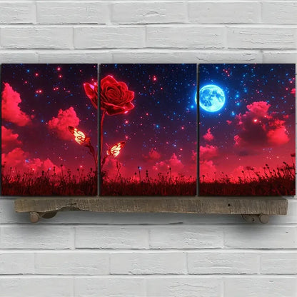 3pcs Red Rose and Moonlight Night Sky Metal Print Ready to Hang Art - Bella Home Decor