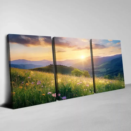 3pcs Sunset Sky View and Wildflowers Landscape Art Set Canvas Framed 50x70cm - High Quality Print 100% Australian Made Wall Canvas Ready to Hang
