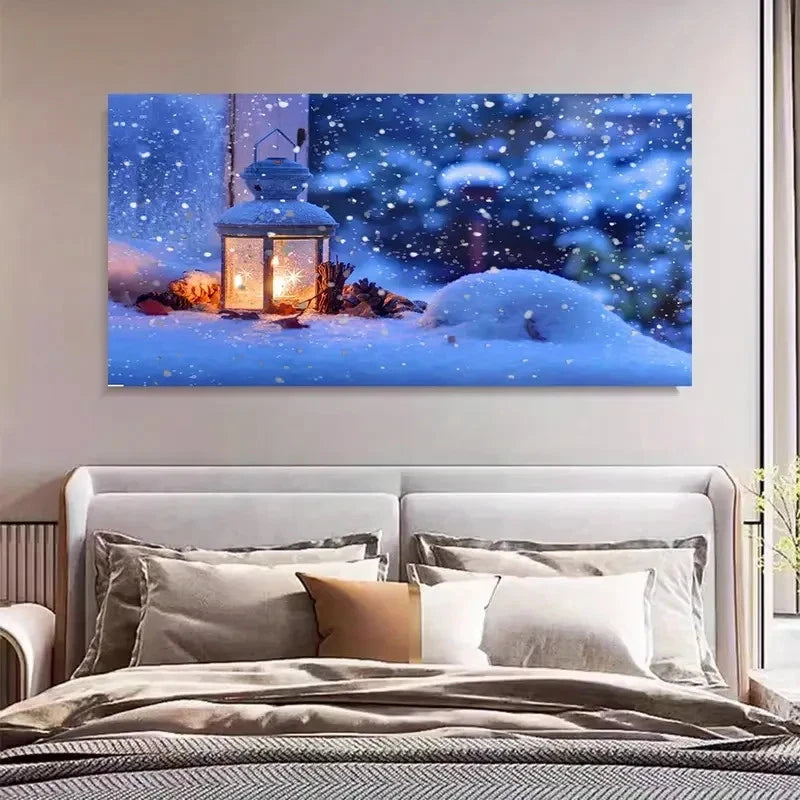 Snowfall & Candle Light Lantern Wall Art Canvas Office Home Room Framed 120x60cm - Bella Home Decor