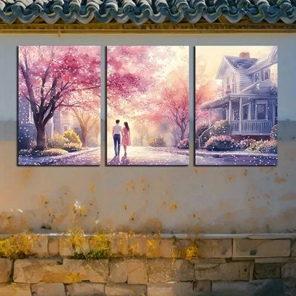 3pcs Couples Strolling Along The Flower Path Metal Print Ready to Hang Art - Bella Home Decor