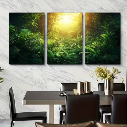 3pcs Lush Green Nature with Sunlit Canopy Metal Print Ready to Hang Art
