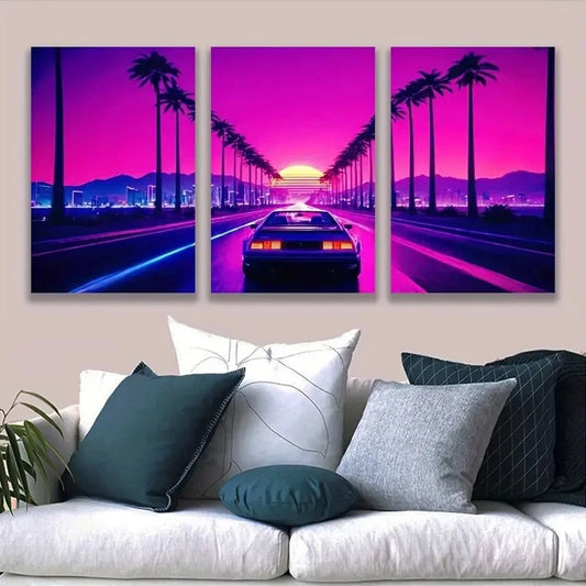 3pcs Retro Neon Sunset Drive Car Wall Art Set Canvas Framed 50x70cm - High Quality Print 100% Australian Made Wall Canvas Ready to Hang