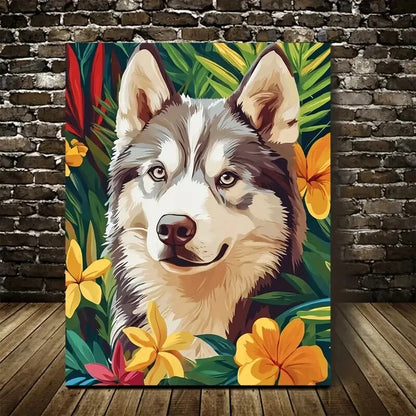 Flowers And Plants Cute Siberian Husky Dog Painting 40x60cm Metal Print Ready to Hang - Bella Home Decor