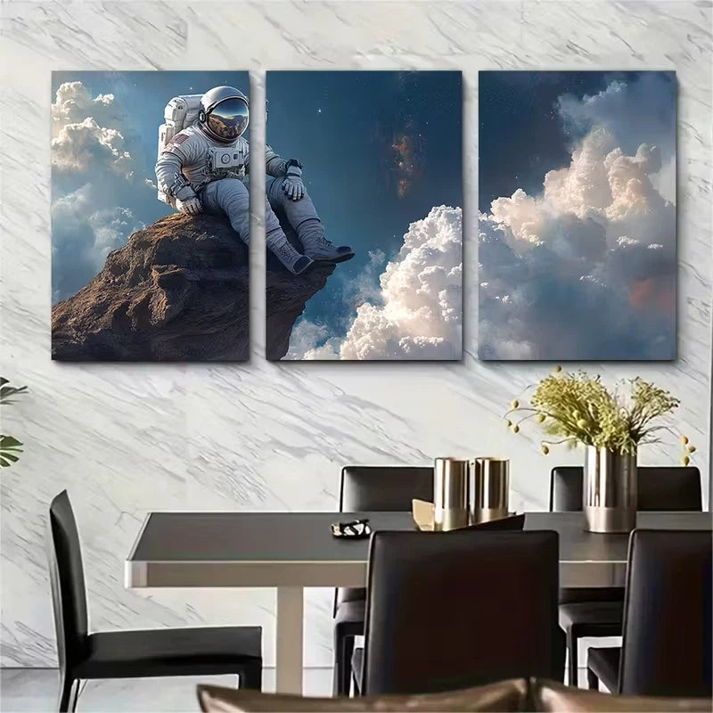 3pcs Contemplative Astronaut on Cliff Metal Print Ready to Hang Art - Bella Home Decor