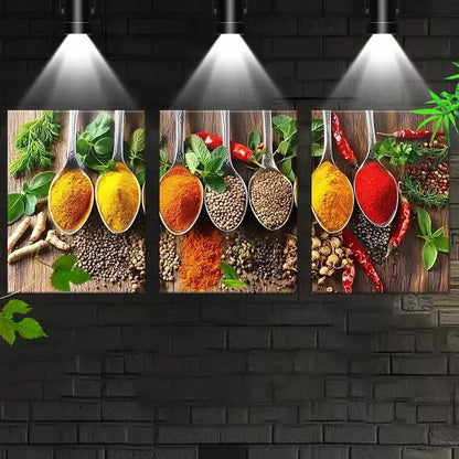 3pcs Fashion Kitchen Colorful Spices Spoons Art Set Canvas Framed 50x70cm - High Quality Print 100% Australian Made Wall Canvas Ready to Hang