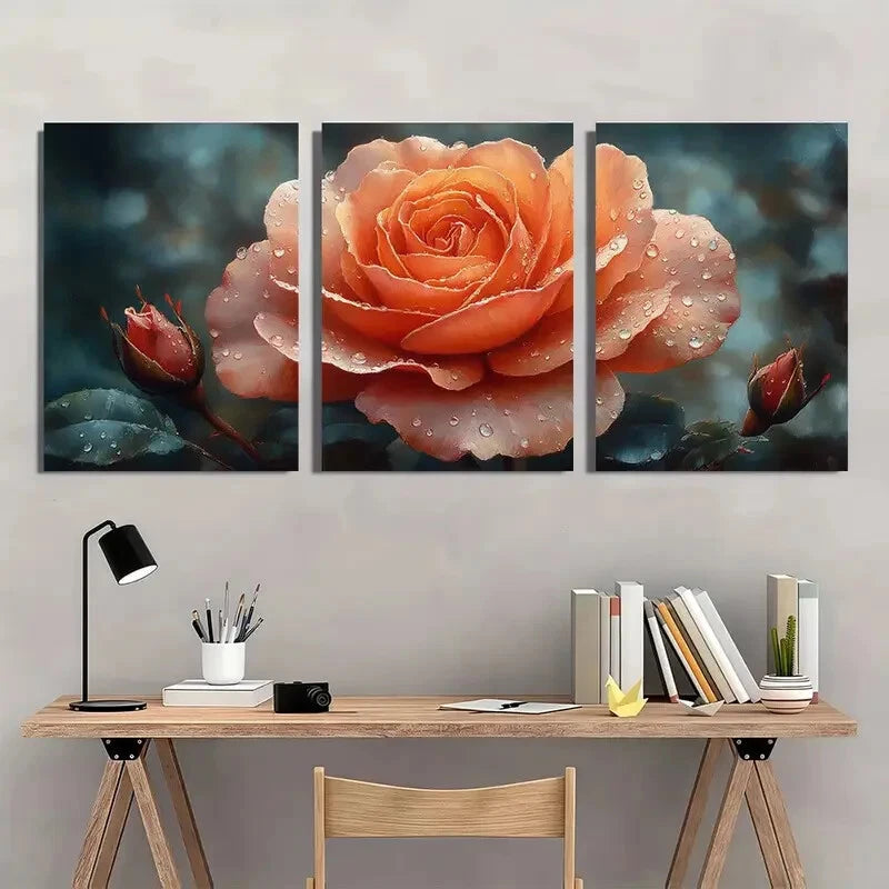 3pcs Vibrant Elegant Orange Rose Metal Print Ready to Hang Art - Bella Home Decor