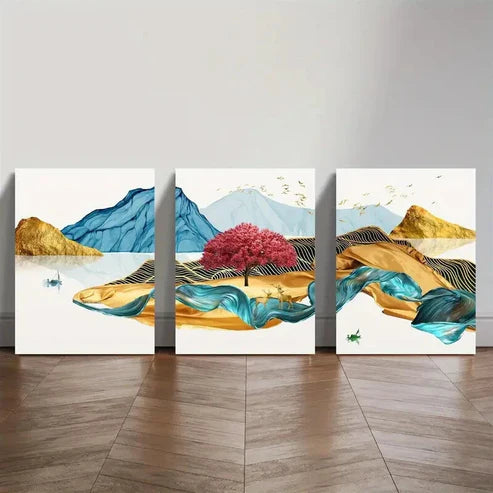 3pcs Abstract Golden New Chinese Forest Landscape Wall Art Set Canvas Unframed - High Quality Print 100% Australian Made Wall Canvas - Bella Home Decor