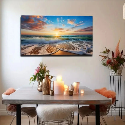 Blue Waves On The Beach Young Wall Art Canvas Office Home Room Framed 120x60cm