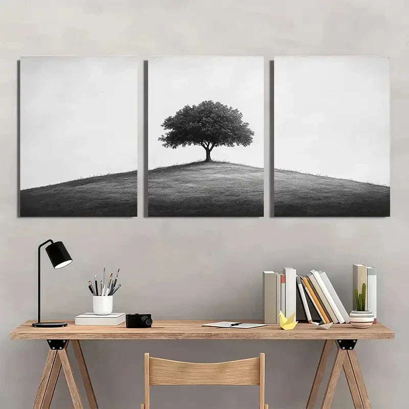 3pcs Black and White Sketch Tree Landscape Metal Print Ready to Hang Art - Bella Home Decor