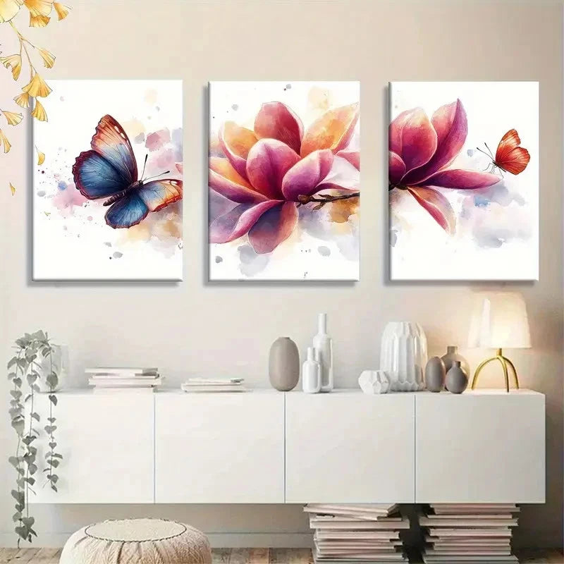 3pcs Butterfly and Floral Red Blue and Yellow Metal Print Ready to Hang Art - Bella Home Decor