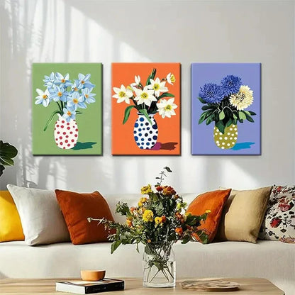 3pcs Polka Dot Vases with Daffodils Perfect Wall Art Canvas Unframed – High Quality Print 100% Australian Made Wall Canvas
