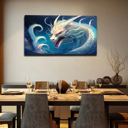 White Dragon Vibrant Modern Wall Art Canvas Office Home Room Framed 120x60cm