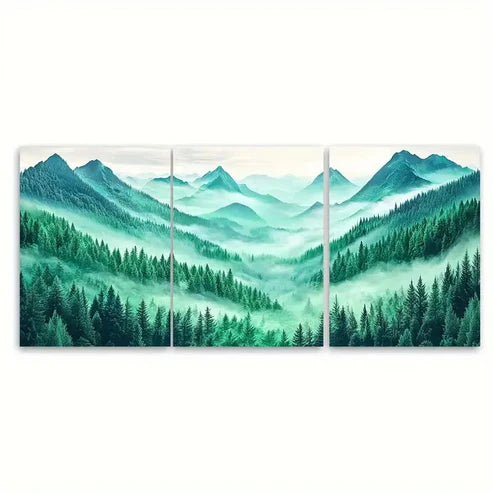 3pcs Emerald Green Forest Misty Mountain Wall Art Canvas Unframed - High Quality Print 100% Australian Made Wall Canvas