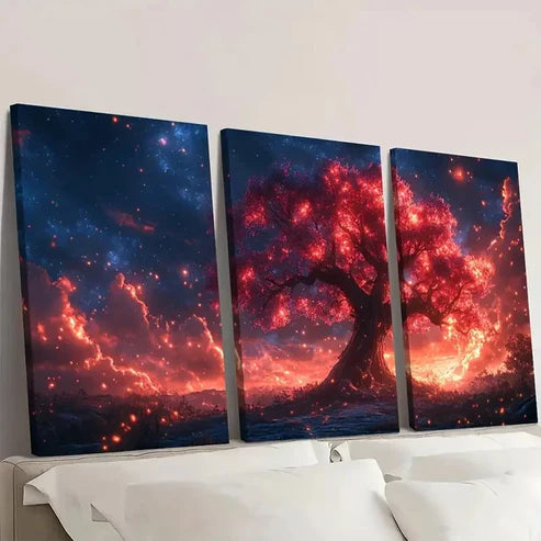 3pcs Deep Blue & Burning Red Fantasy Tree RY Wall Art Canvas Unframed – High Quality Print 100% Australian Made Wall Canvas - Bella Home Decor