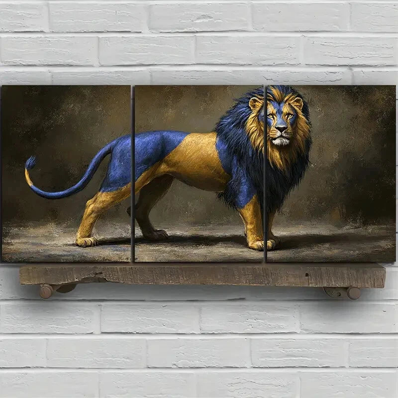 3pcs Golden Blue Lion Painting Metal Print Ready to Hang Art - Bella Home Decor