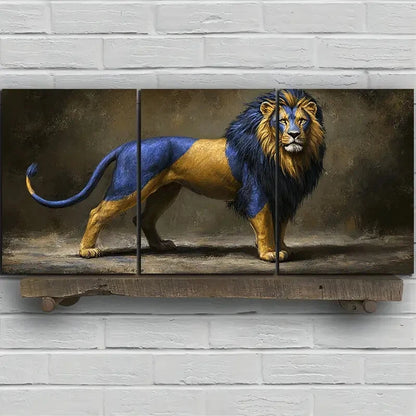 3pcs Golden Blue Lion Painting Metal Print Ready to Hang Art - Bella Home Decor