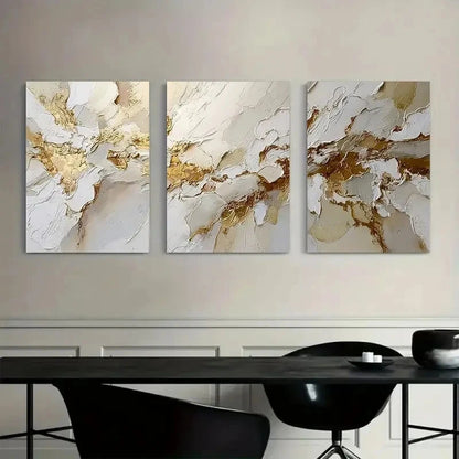 3pcs White & Golden Textured Flowing Abstract Metal Print Ready to Hang Art - Bella Home Decor