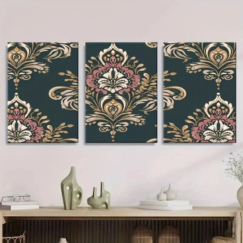 3pcs Elegant Damask Pattern Abstract Wall Art Set Canvas Framed 40x60cm - High Quality Print 100% Australian Made Wall Canvas Ready to Hang