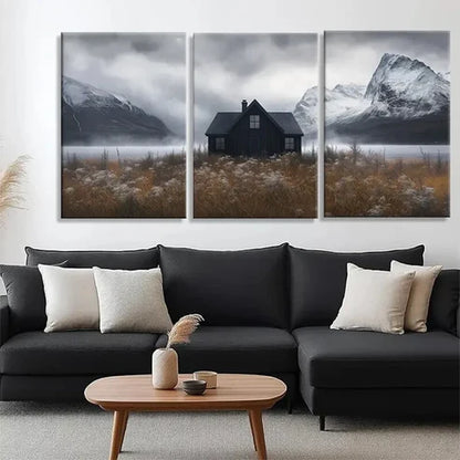 3pcs Black Cottage with Snowy Mountains Perfect Wall Art Canvas Unframed - High Quality Print 100% Australian Made Wall Canvas - Bella Home Decor