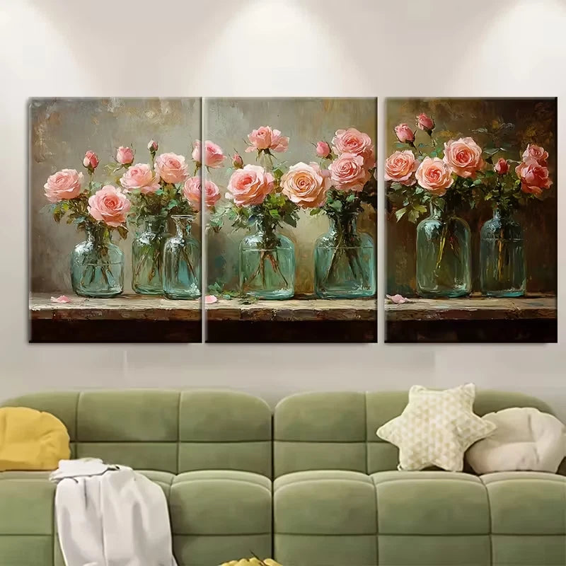 3pcs Pink Roses Flowers Bouquet in Glass Vases Metal Print Ready to Hang Art