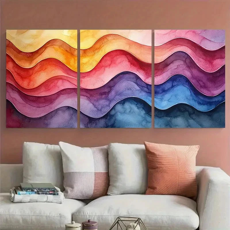 3pcs Bright Watercolour Wavy Lines Abstract Metal Print Ready to Hang Art - Bella Home Decor