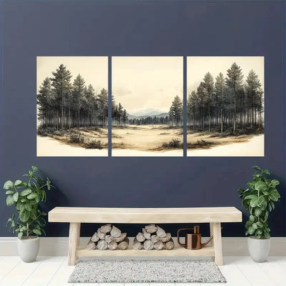 3pcs Vintage Sketch Fall Forest Landscape Metal Print Ready to Hang Art - Bella Home Decor