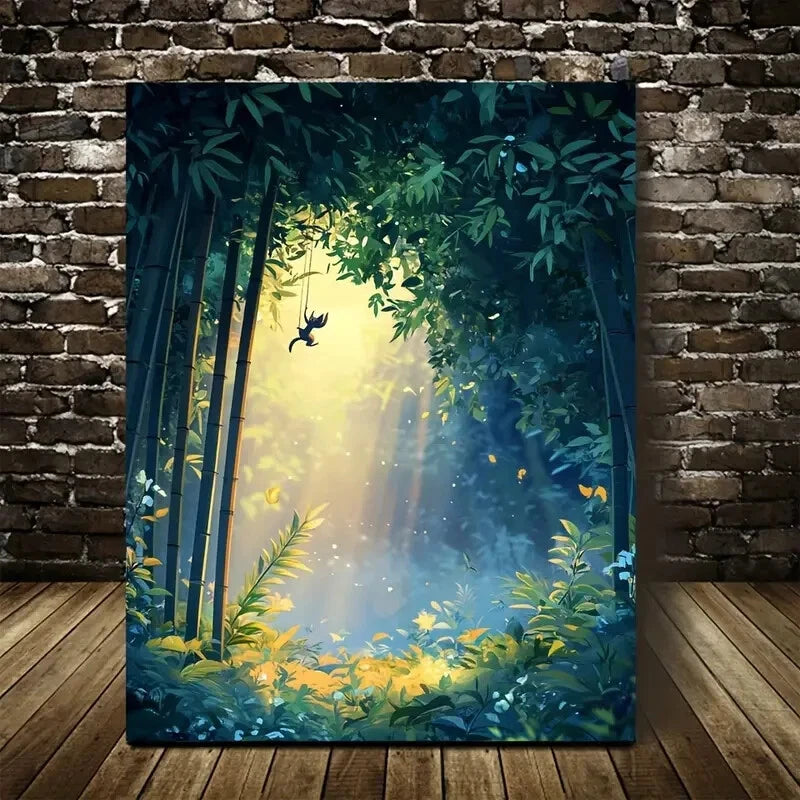 Serene Bamboo Grove with Squirrel Swing Painting 40x60cm Metal Print Ready to Hang - Bella Home Decor
