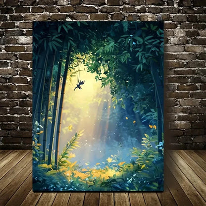 Serene Bamboo Grove with Squirrel Swing Painting 40x60cm Metal Print Ready to Hang - Bella Home Decor